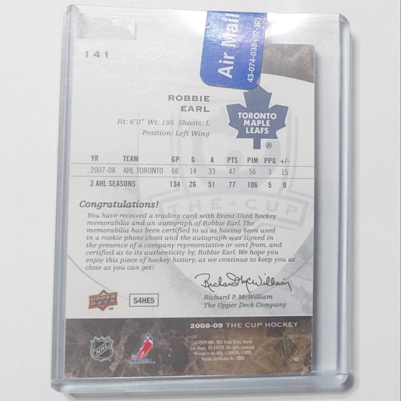Robbie Earl Upper Deck THE CUP HOCKEY 2008/09 Card #141 079/249 Auto/Patch - Picture 2 of 2